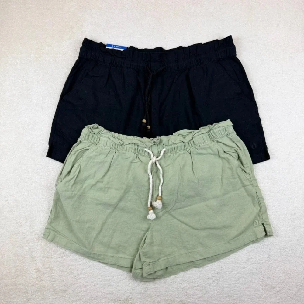 Hang Ten Women Linen Blend Paperbag Waist Shorts Set of 2 Black Green Large